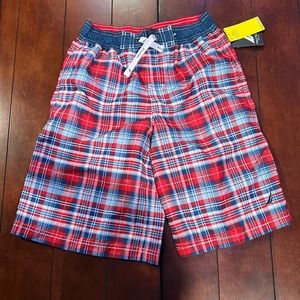 NWT Nautica Red White & Blue Plaid Swim Board Shorts Size Large 14-16